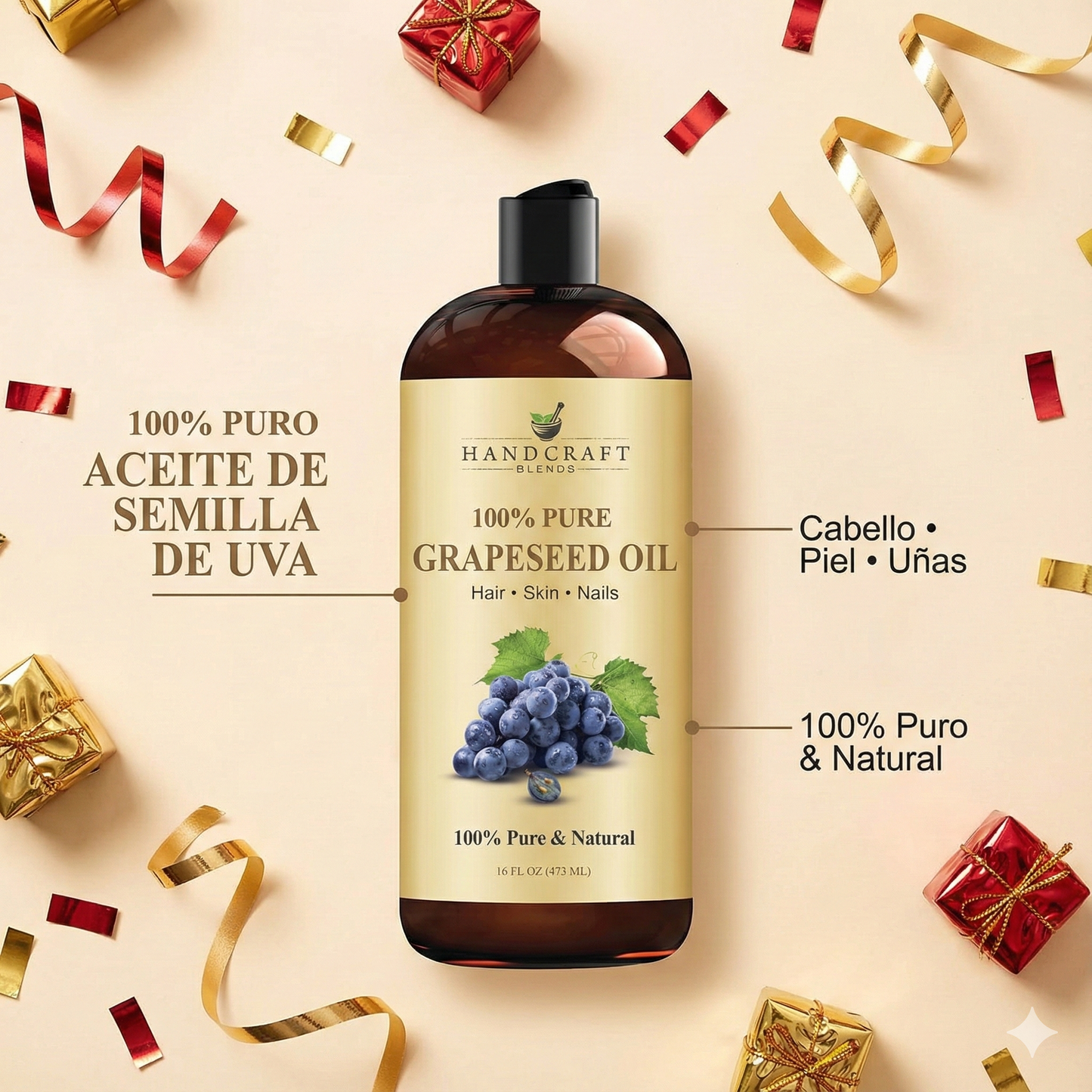 Aceite de Semilla de Uva Orgánico | Cuidado Natural para Piel, Uñas y Cabello | Ligero, No Graso y Vegano | (473 ml)