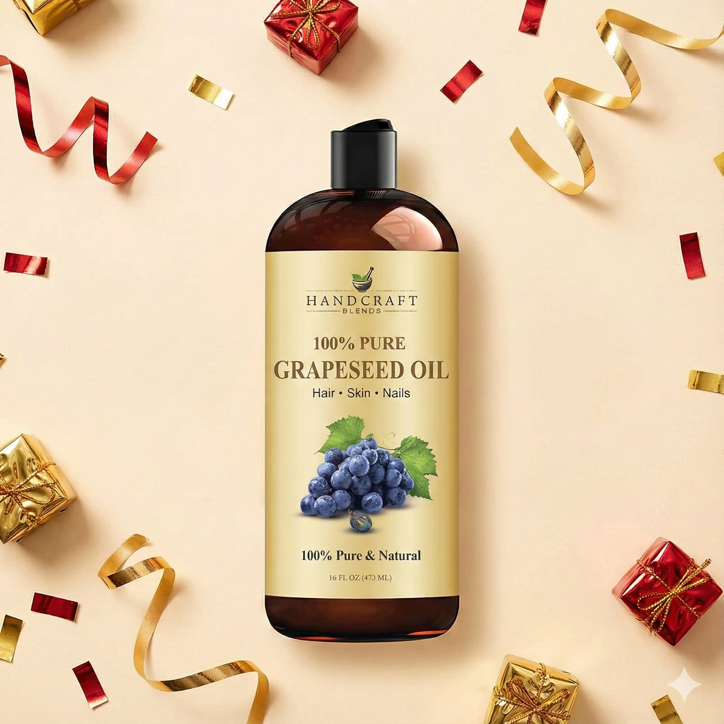 Aceite de Semilla de Uva Orgánico | Cuidado Natural para Piel, Uñas y Cabello | Ligero, No Graso y Vegano | (473 ml)